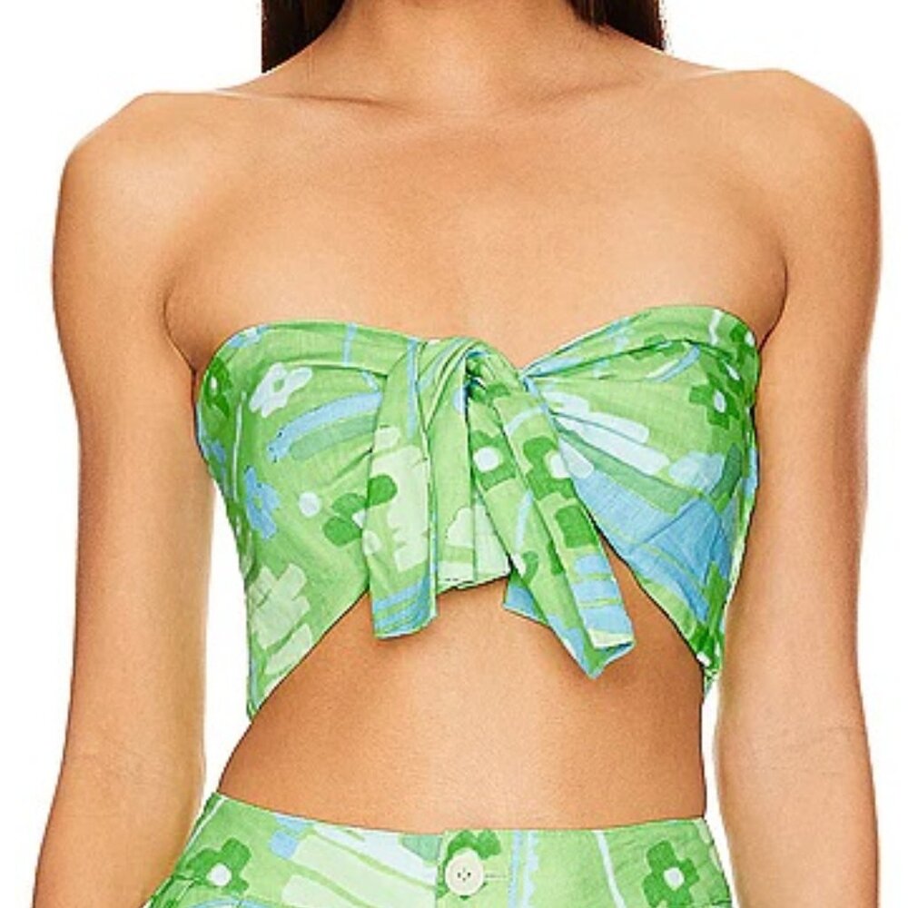 NWT RHODE TONI GREEN LINEN BANDEAU TOP IN ELECTIRC EDEN PRINT